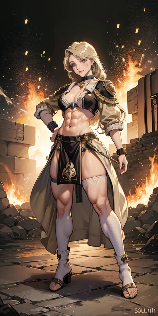 full body toe to head, masterpiece, 1soloMILF BIMBO standing loincloth pose, leather collar choker neck bell shackles wristbands bracers bracelets sleeves and stockings, strong body, abs, shiny skin (masterpiece, best quality) 1girlsolo wearing 40K Warhammer sisters of battle whsororitas (plain background)