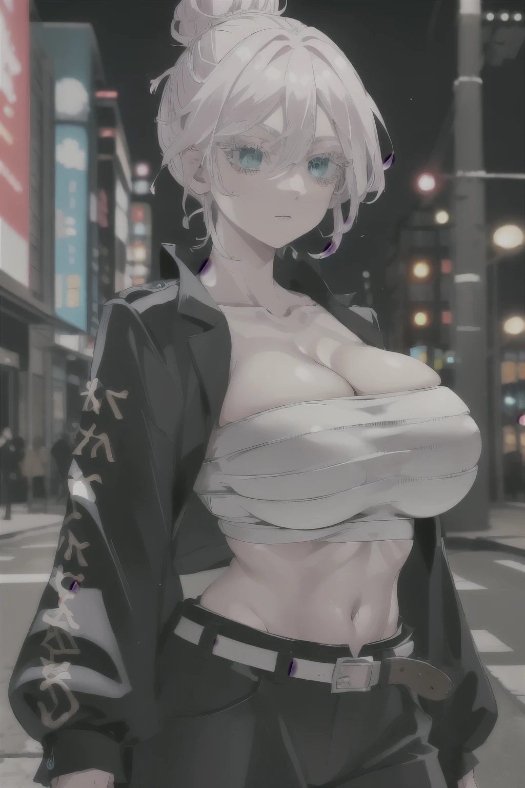 masterpiece, best quality, highres, 1girl, solo, short hair, white hair, hair bun, hair between eyes, colored eyelashes, aqua eyes, cleavage, sarashi, (big breasts: 1.8), bandages, black jacket, open clothes, long sleeves, midriff, belt, black pants, standing, cowboy shot, outdoors, street, night