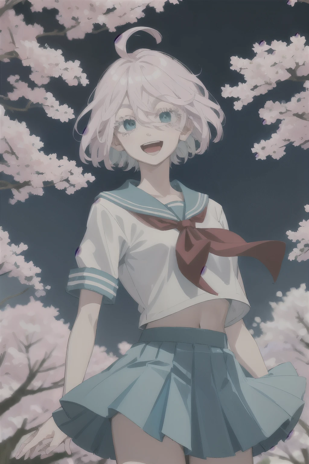 masterpiece, best quality, highres, 1girl, solo, short hair, white hair, floating hair, ahoge, hair between eyes, colored eyelashes, aqua eyes, serafuku, sailor collar, red neckerchief, shirt, short sleeves, midriff, pleated skirt, blue skirt, arms behind back, leaning forward, smile, cherry blossoms, open mouth, standing