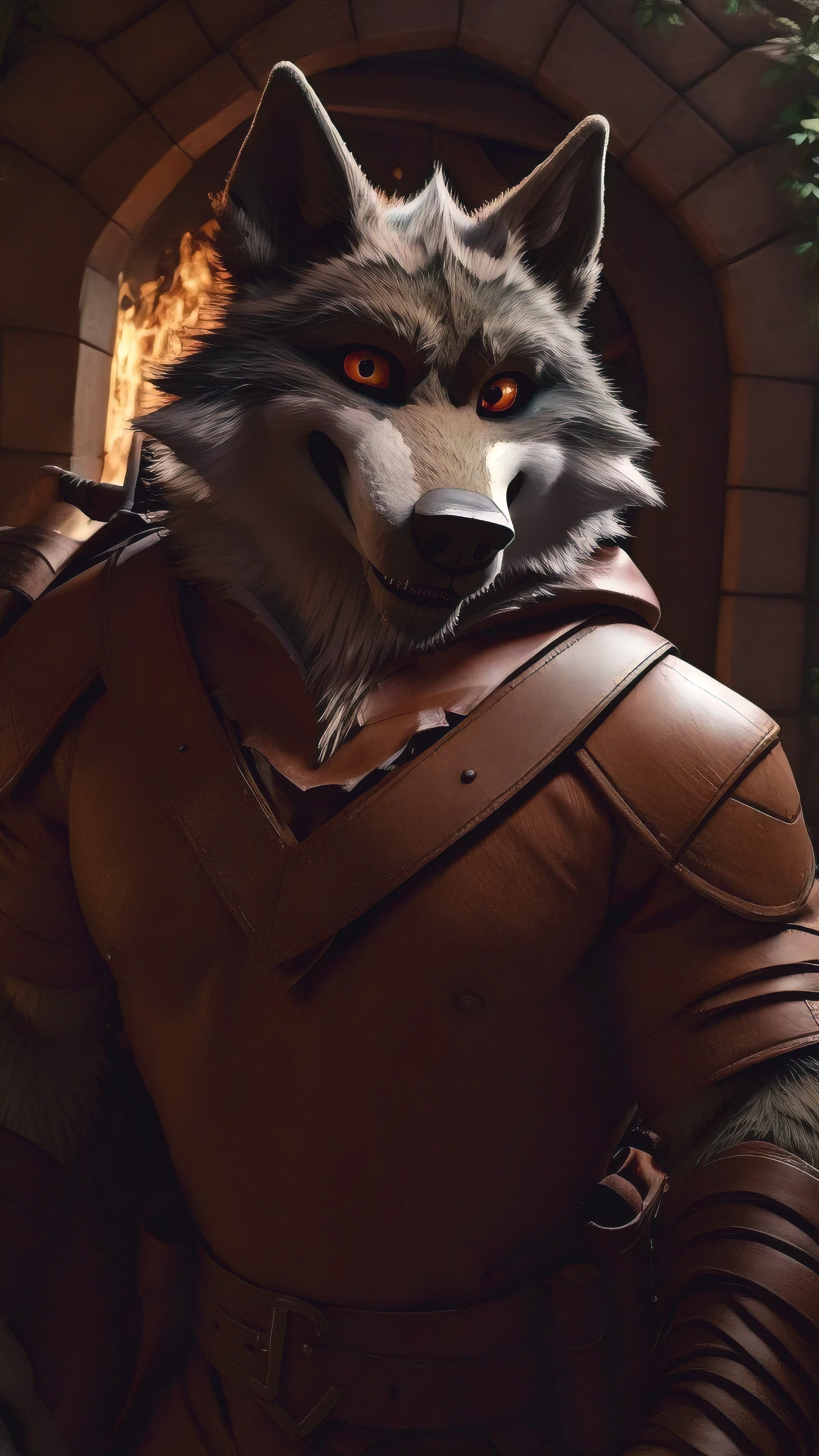 Death wolf wearing a Robin hood cosplay And looking at the viewer