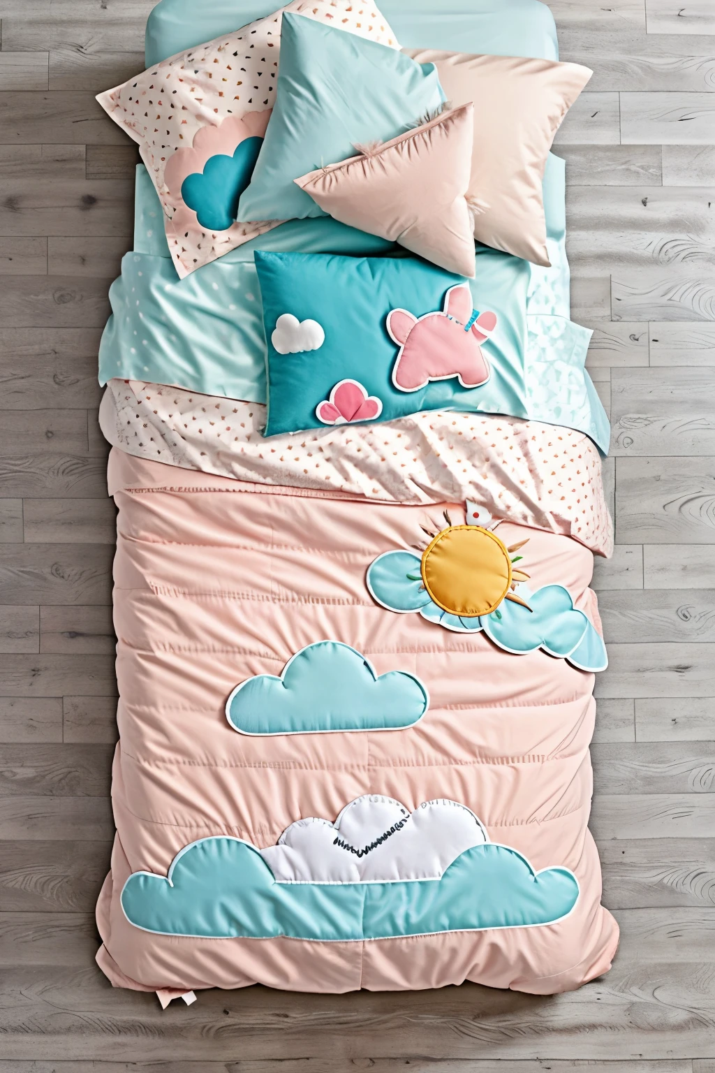 fondo con nubes, almohadas y plumas flotando en el aire


