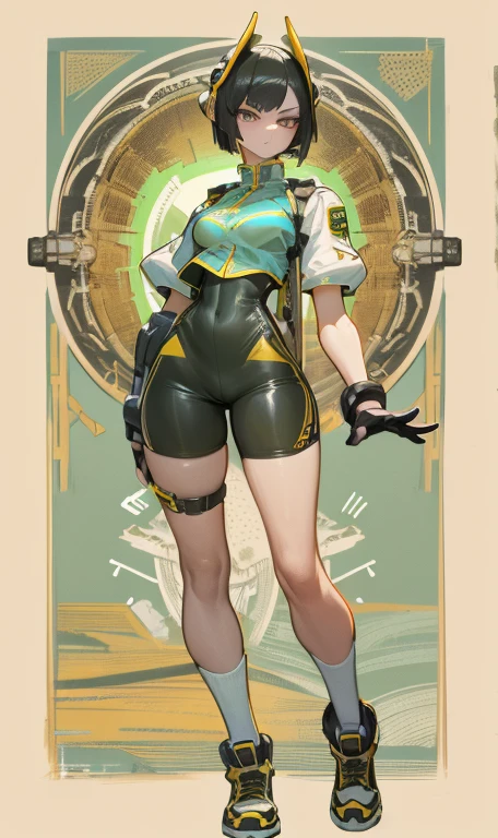 best quality, masterpiece, aesthetic, full-body dynamic pose high quality, 1girl punching, android, (yellow and black) upper armor, mechanical arms, short punk hair, black hair, white background, intense expression, looking at viewer, (simple background:1.4) a (giraffe pattern outfit) yellow and black outfit,sword,beautiful cyberpunk woman,cyberpunk angry gorgeous goddess,beautiful cyborg girl ,hyper realistic,intricate details,cinematic lighting,vibrant colors,award winning,stunning,masterpiece