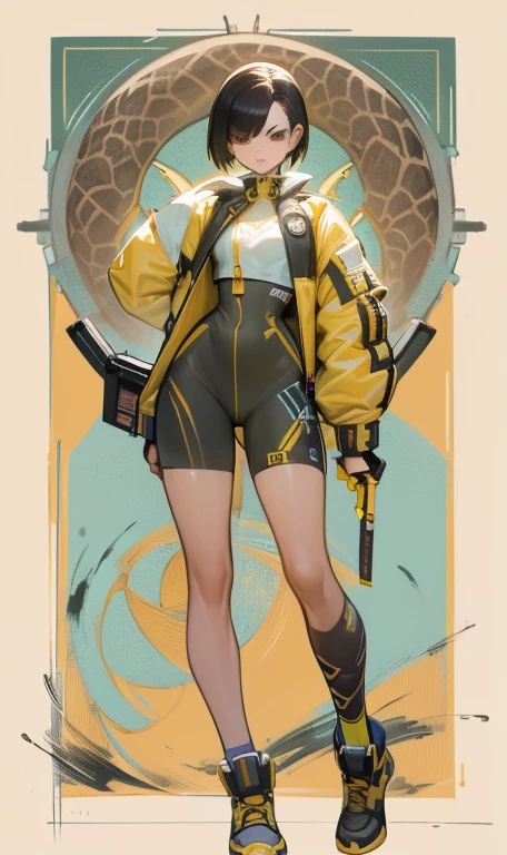 best quality, masterpiece, aesthetic, full-body dynamic pose high quality, 1girl punching, android, (yellow and black) upper armor, mechanical arms, short punk hair, black hair, white background, intense expression, looking at viewer, (simple background:1.4) a (giraffe pattern outfit) yellow and black outfit,sword,beautiful cyberpunk woman,cyberpunk angry gorgeous goddess,beautiful cyborg girl ,hyper realistic,intricate details,cinematic lighting,vibrant colors,award winning,stunning,masterpiece