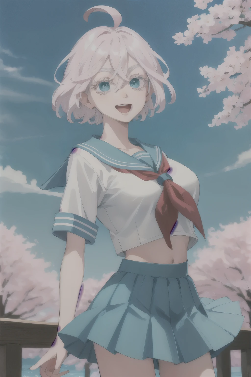 masterpiece, best quality, highres, 1girl, solo, short hair, white hair, floating hair, ahoge, hair between eyes, colored eyelashes, aqua eyes, serafuku, sailor collar, (big breasts: 1.4) red neckerchief, shirt, short sleeves, midriff, pleated skirt, blue skirt, arms behind back, leaning forward, smile, cherry blossoms, open mouth, standing