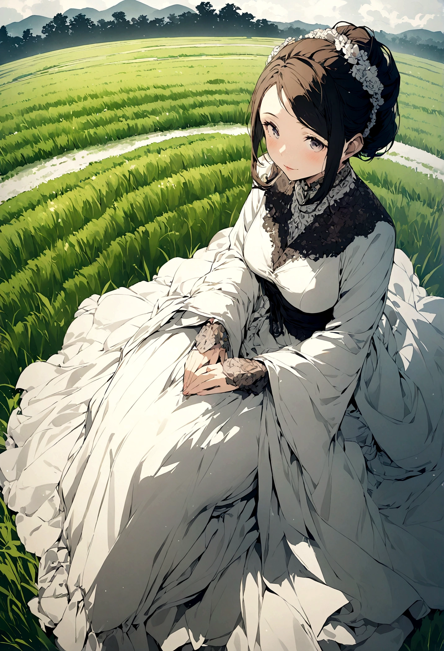 Illustration of a rich woman sitting and looking at a rice field. Wide angle.