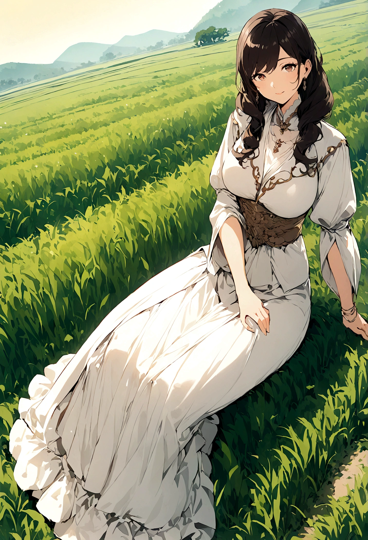 Illustration of a rich woman sitting and looking at a rice field. Wide angle.