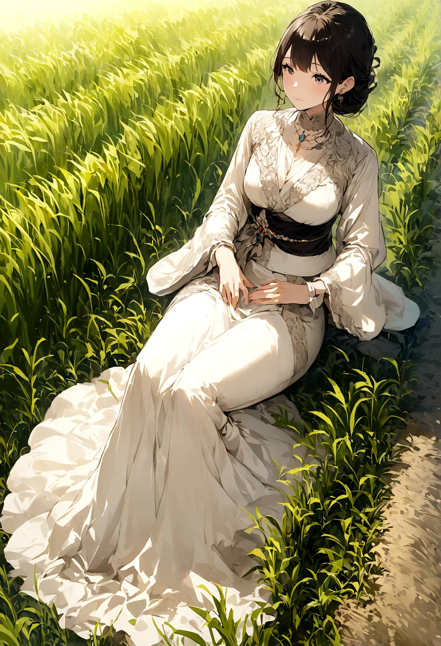 Illustration of a rich woman sitting and looking at a rice field. Wide angle.