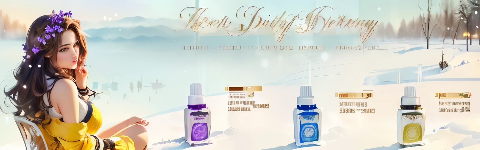 arafed woman sitting on the park in winter with three bottles of essential oils, product photo, essence, eterea, verbena, beatiful, manual, vectorial, photo product, victoria siemer, product - view, official product image, esthetic, product image, product, frontal, detailed product image, eternals, productphoto, beautifull