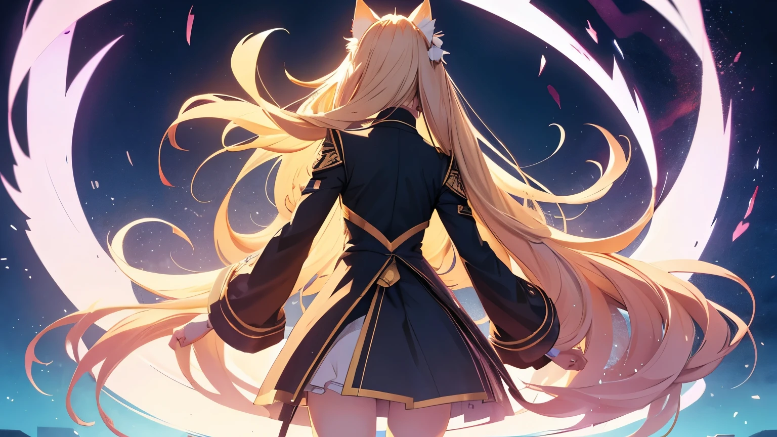 Anime cat girl with long yellow hair and blue eyes stands with her back turned.