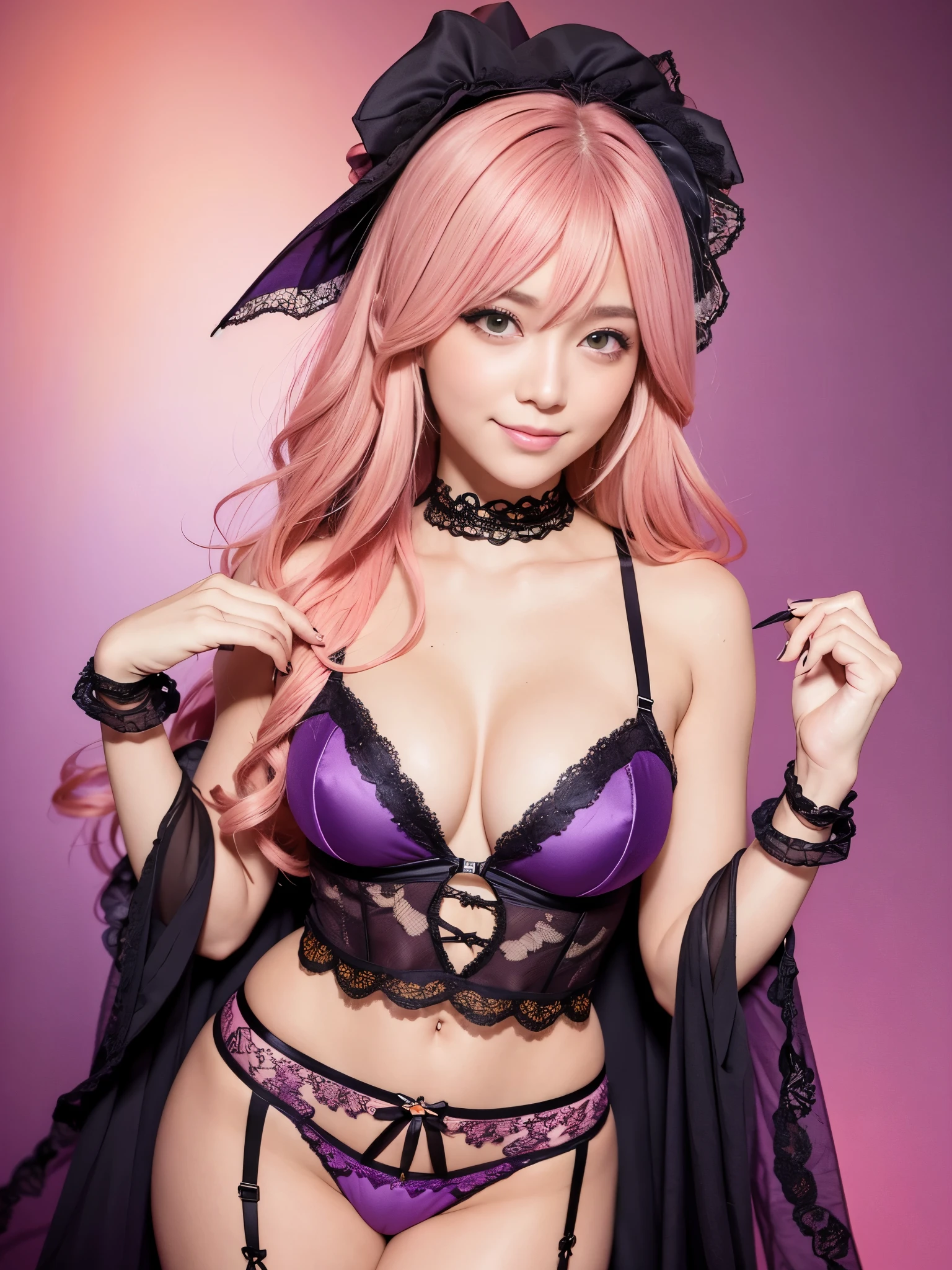 ultra realistic girl, smiling face, orange and pink ombre flowers background, portrait, halloween, goth, gyaru, purple flowing hair, garter belt, cute lack lace underwear, sweet and sexy, seductive pose