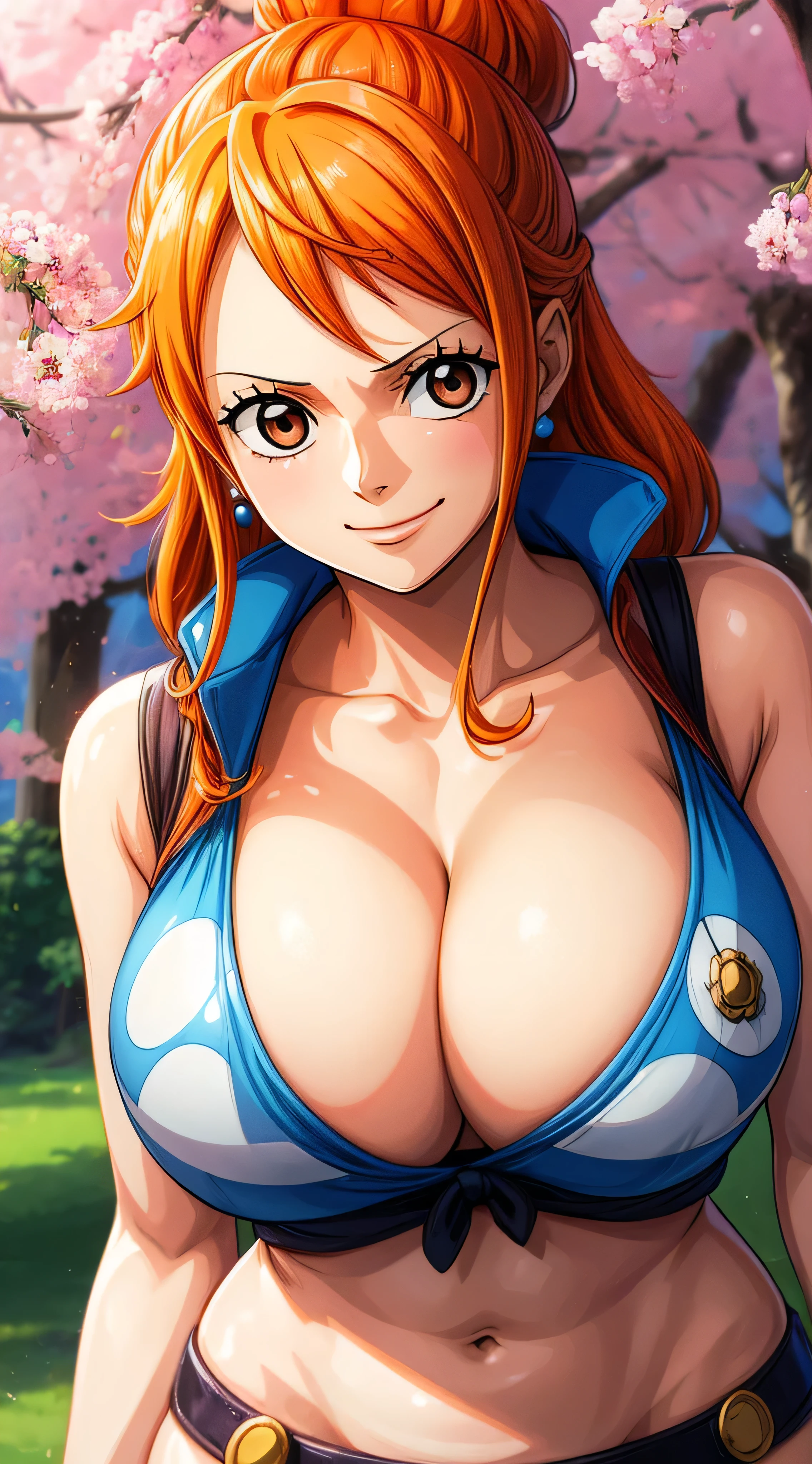 NamiFinal, Nami from the anime One Piece, orange hair, bangs, hair in a bun, beautiful, beautiful woman, perfect body, perfect breasts, wearing a bikini, wearing earrings, wearing a watch, in the park, cherry tree, traditional house japan, looking at viewer, slight smile, realism, masterpiece, textured leather, super detail, high detail, high quality, best quality, 1080p, 16k, busty milf, sweaty, huge breast, huge ass, massive breast