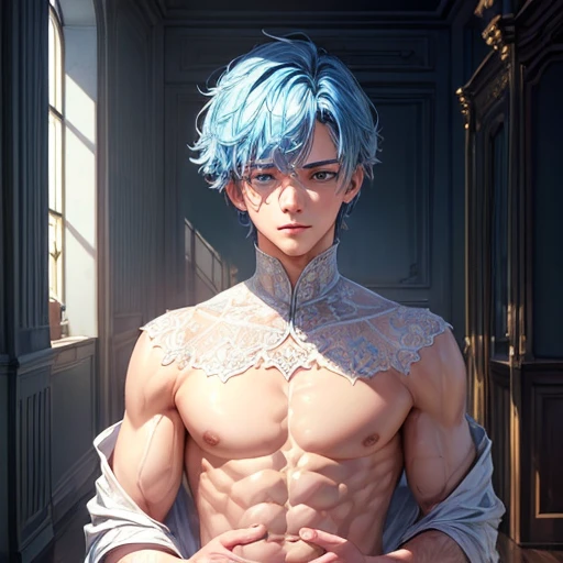 (((masterpiece))), (((highest quality))), ((Super detailed)), (Highly detailed CG illustrations), ((Very delicate and beautiful)), Cinematic Light,((1 person)), alone, (Upper Body), (Character Focus), Absurd, High Contrast, Very detailed, colorful, Most detailed, SF, (Light blue hair), blue eyes, Six Pack Abs, Broad bear chest, topless, Add details,