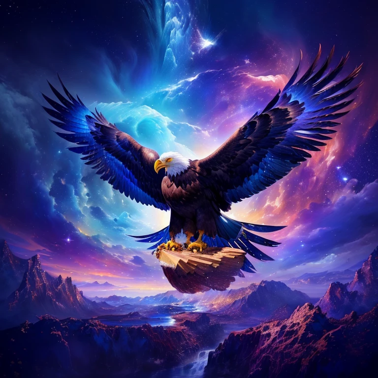 ente detalhado 8 k, epic surrealism oil painting 8k, a blue eagle with open wings, over a stream, holding a loaf of breade fantasia de alta qualidade, no universo.altamente realista, Deliver me the cosmic vision, Eagle wings, Eagles, an Eagle flying, Eagle