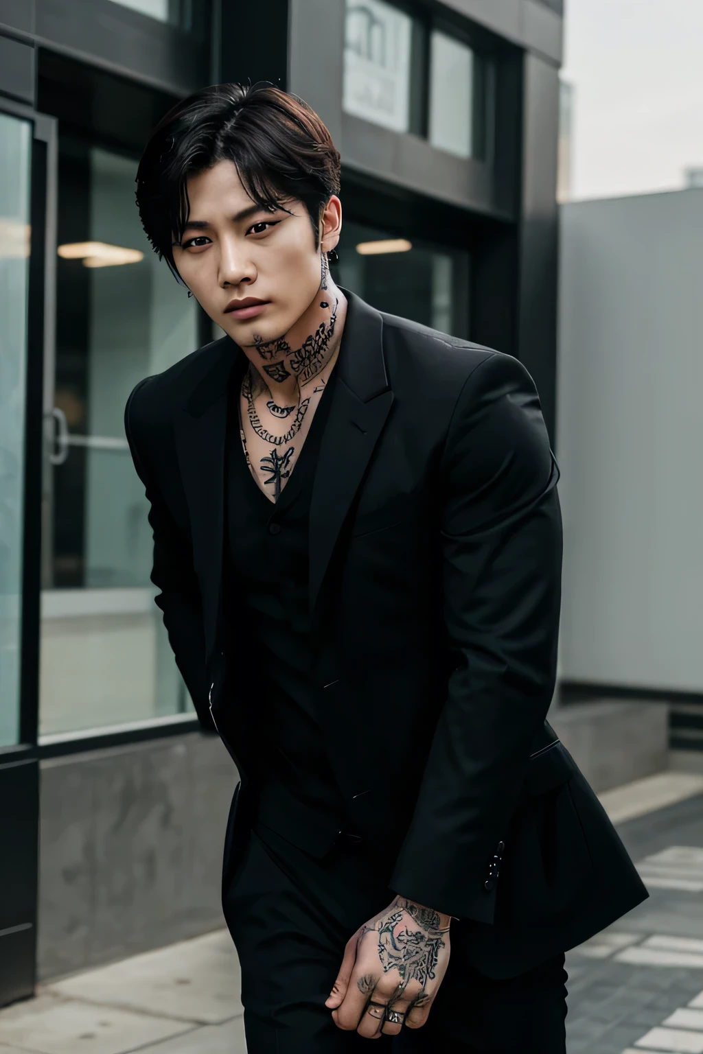 An evil and tough guy with Korean tattoos in front of a company wearing a black suit who looks like Jungkook from BTS