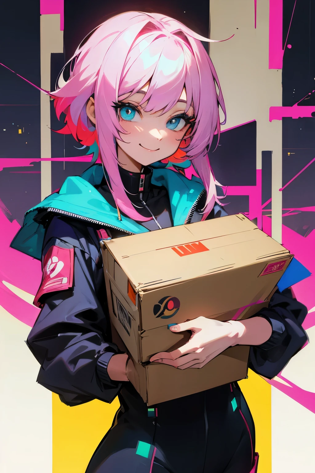 Coloured hair, many colors anime postman, holding a box in her arms, smiling face, cyberpunk, creative colours