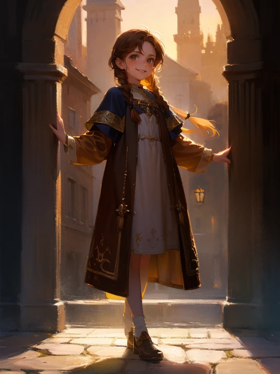 masterpiece, best quality, rpg character art, epic fantasy art style, 1 girl, Lily, 11 year old girl, kid, determined and excited demeaner, full body fantasy concept art, caramel brown hair in 2 long braids, brown eyes, freckles, high detail, fantasy medieval style clothes (light clothing, modest but feminine), intricate details, ultra high resolution, sharp focus, HD, 8k, clear facial features, clear details, background is a detailed small medieval village, zoomed out view, looking at the viewer with a mischievous smirk