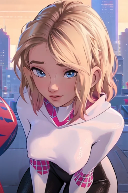Gwen stacy enormous massive gigantic big large fat breasts dynamic pose (Highly quality, masterpiece, detailed), city detailed scenario, city detailed background, solo, Gwen enormous massive gigantic big large fat breasts big areolae  enormous nipples gros mamelon durt, blonde hair, multicolored hair, short hair, hairband, nude , nude breasts, hood down, gloves, navel, on top of a building, perfect face, beautiful eyes, look at the viewer, Sexy pose
