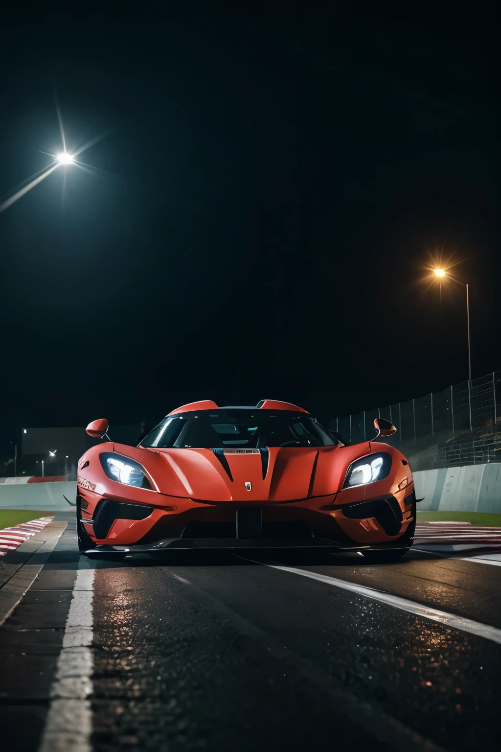 Poster of A koenigsegg regera with a racing livery driving in a corner in a racing track in the night with 3 other racer behind him while raining and thunder