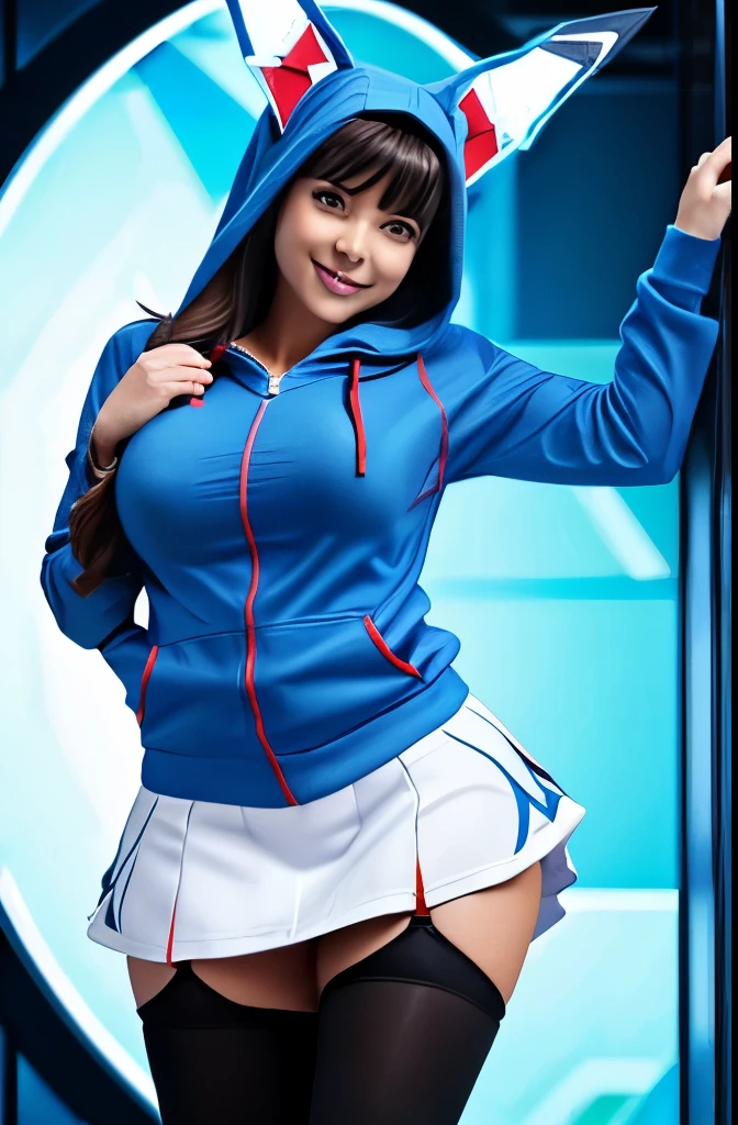 ((Glaceon)), anthropomorphic, big breasts, big ass, pokemorph, (((1girl))), (((blue shirt))), (red and black striped zip-up hoodie), (black stockings), (white sneakers), full body, sexy, icy blue skin, (white skirt), long legs, smiling
