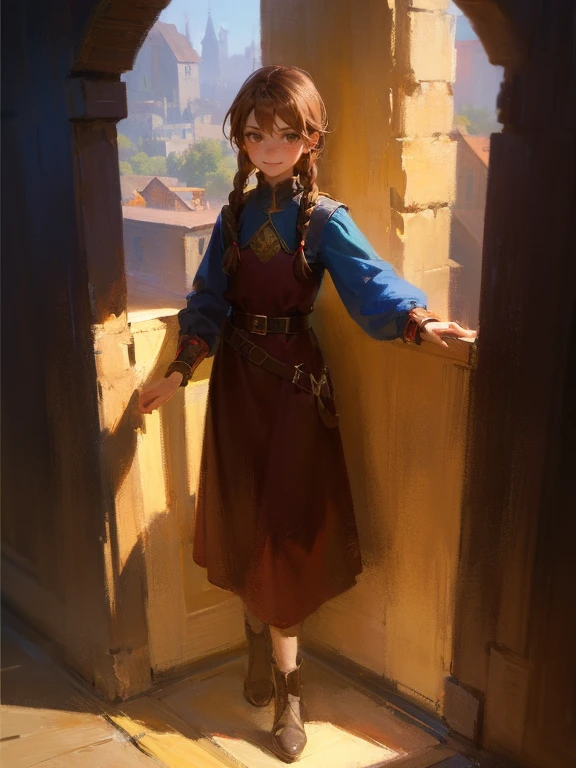 masterpiece, best quality, rpg character art, epic fantasy art style, 1 girl, Lily, 11 year old girl, ???, determined and excited demeaner, dynamic pose, ready for adventure, full body fantasy concept art, caramel brown hair in 2 long braids, brown eyes, freckles, high detail, fantasy medieval style clothes (light clothing, modest but feminine), intricate details, ultra high resolution, sharp focus, HD, 8k, clear facial features, clear details, background is a detailed small medieval village, zoomed out view, looking at the viewer with a mischievous smirk