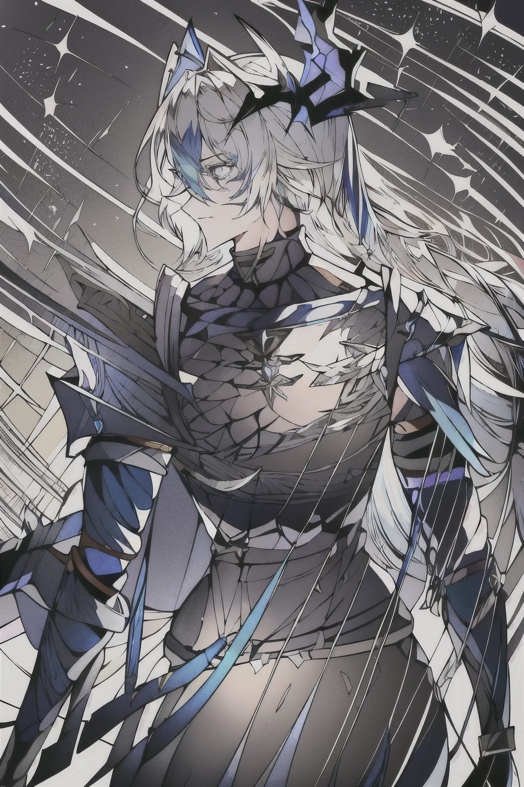 an anime man 1.80 tall (long silver hair) with (green eyes) with (a scar on his forehead in x) and (several runes on his body with a blue color but the most striking is one that resembles a dragon in its back) (a black tail

clothes (he wears a torn cloak and a chest piece together and shoulder pads made of old plates with a symbol of two dragons)

your weapon (it's a bow made of black steel with blue runes that attach to a blue stone in the middle of the bow)