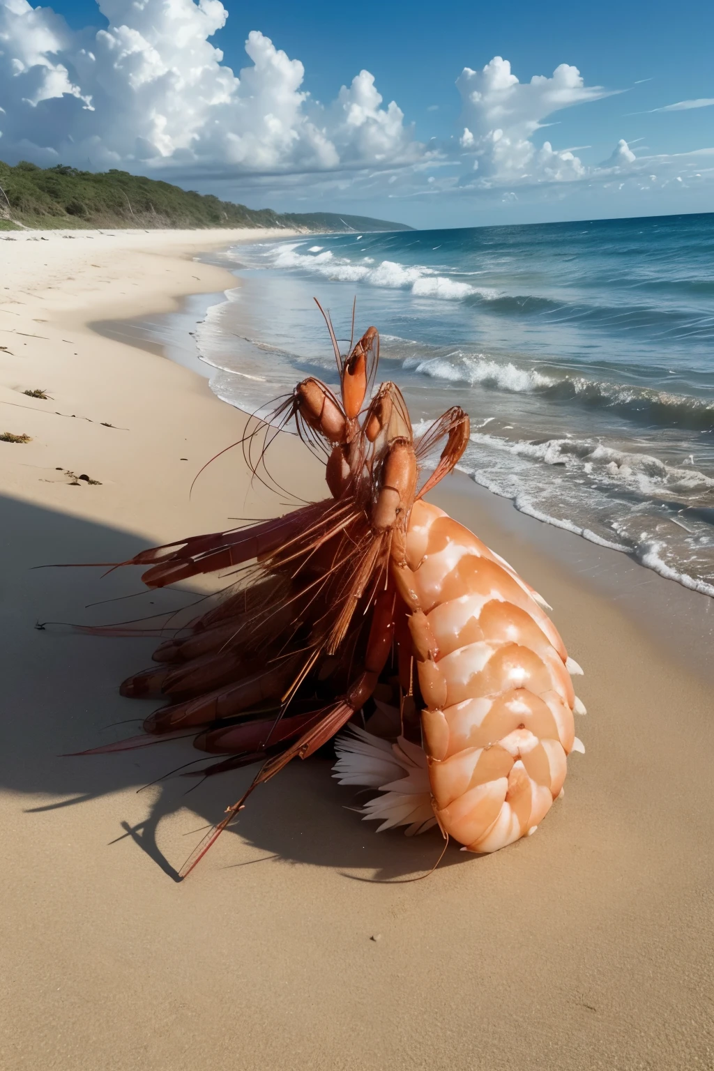 Cartoon of a shrimp hugging another shrimp on a beach
