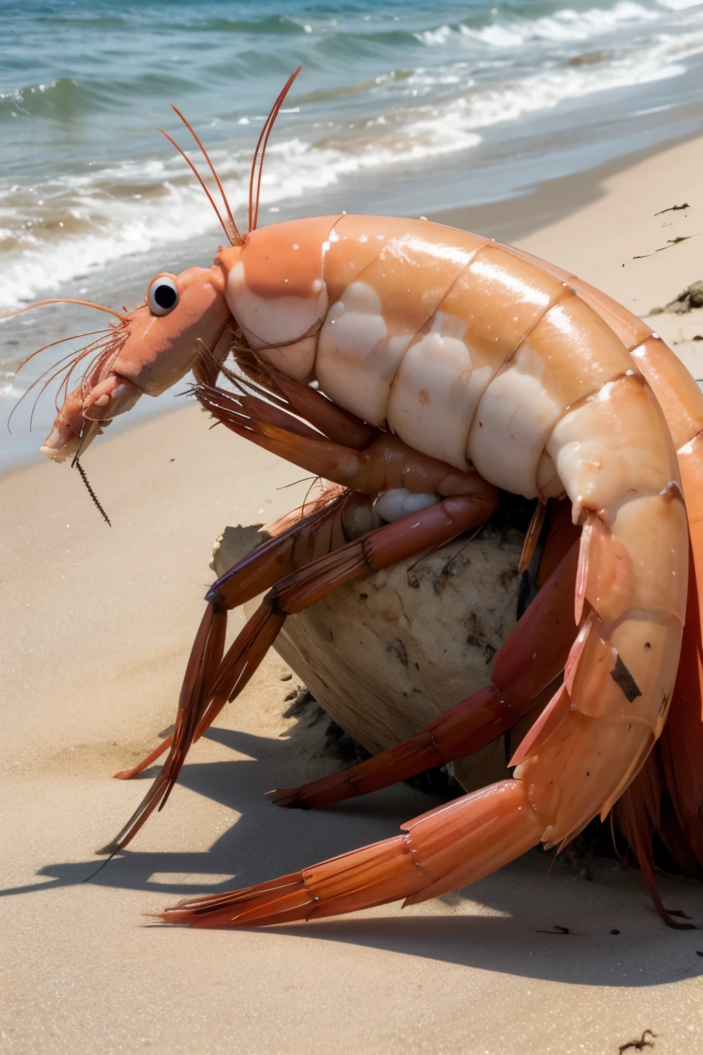 Cartoon of a shrimp hugging another shrimp on a beach