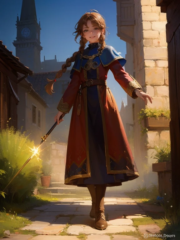 masterpiece, best quality, rpg character art, epic fantasy art style, 1 girl, Lily, 11 year old girl, ???, determined and excited demeaner, dynamic pose, ready for adventure, full body fantasy concept art, caramel brown hair in 2 long braids, brown eyes, freckles, high detail, fantasy medieval style clothes (light clothing, modest but feminine), intricate details, ultra high resolution, sharp focus, HD, 8k, clear facial features, clear details, background is a detailed small medieval village, zoomed out view, looking at the viewer with a mischievous smirk