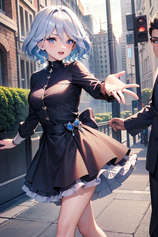 (highest quality,4K,High resolution,masterpiece:1.2),Very detailed,Beautiful details, Teenage body,Expressions of joy,Furina character, 16-year-old teenager,
Happy expression,Walking around the city, Shiny Hair,brake, casual dress , reaching out