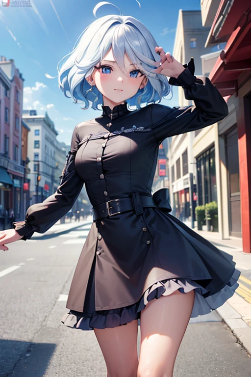 (highest quality,4K,High resolution,masterpiece:1.2),Very detailed,Beautiful details, Teenage body,Expressions of joy,Furina character, 16-year-old teenager,
 Happy expression,Walking around the city, Shiny Hair,brake,	casual dress ,	reaching out