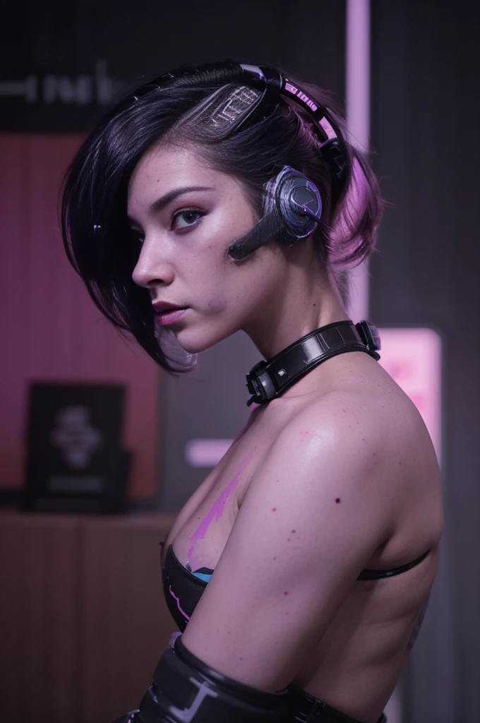 Feminine cyborg, magazine cover, poster art , hint of vibrant, bold sexy text, Ink illustration, cinematic film still, photo of a girl, cyberpunk, neonpunk, headset, city at night, close up, wallpaper, film grain, SONY headset, purple and black, ink stains, ink splatters, ink runs, ink spots, faded ink, linquivera