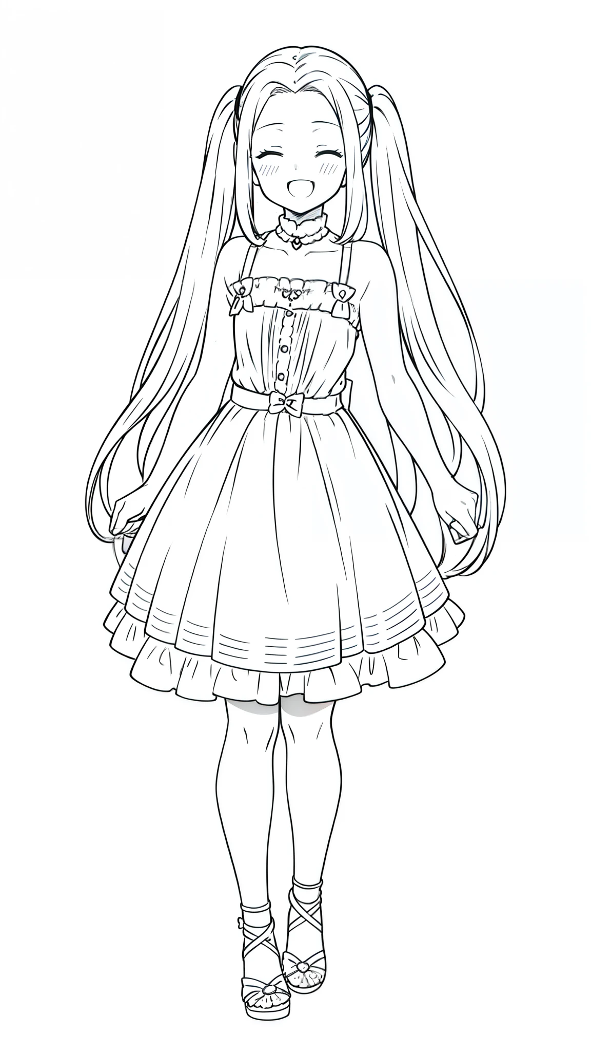 (1girl,12 years old),caramel hair,long hair,twintail,medusa hair,simple dress,blush,open mouth,closed eyes(white background,line drawing),from front,smile,happy,open mouth,put your hands in front,full body