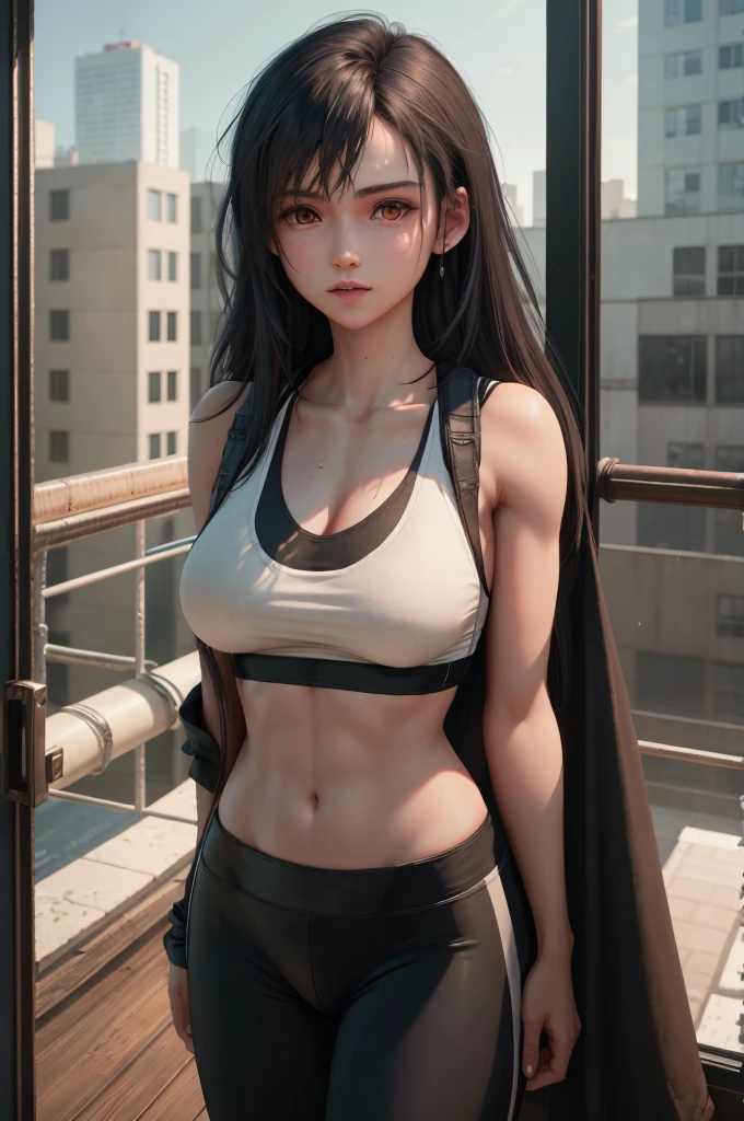 4k highly detailed realistic, upper body, photo of beautiful 18 year old girl, large , in wet clothes standing by the modern industrial bedroom window in a tall building with brick walls in a white sports bra with a deep neckline and black yoga shorts