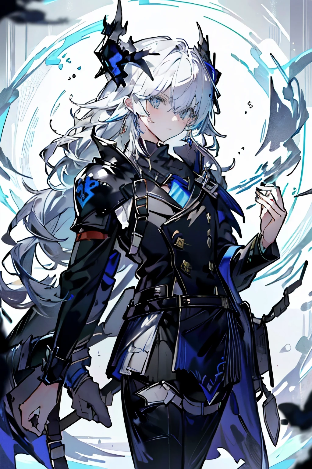 an anime man 1.80 tall (long silver hair) with (green eyes) with (a scar on his forehead in x) and (several runes on his body with a blue color but the most striking is one that resembles a dragon in its back) (a black tail

clothes (he wears a torn cloak and a chest piece together and shoulder pads made of old plates with a symbol of two dragons)

your weapon (it's a bow made of black steel with blue runes that attach to a blue stone in the middle of the bow)