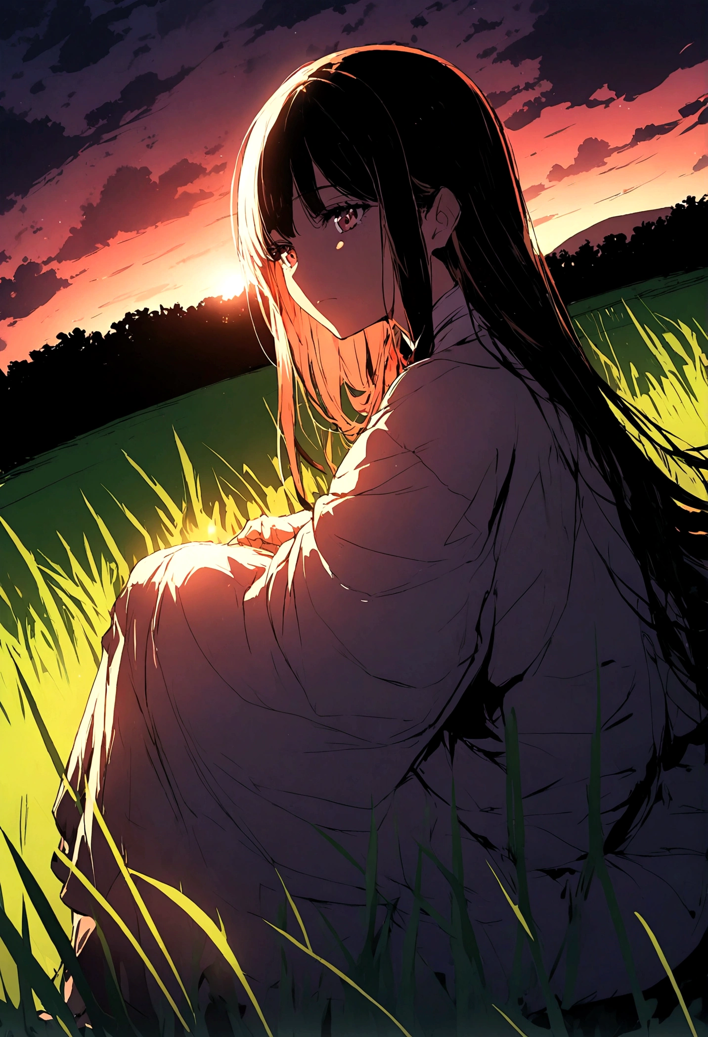 Illustration of a rich woman sitting and looking at a rice field, wide angle, straight face.