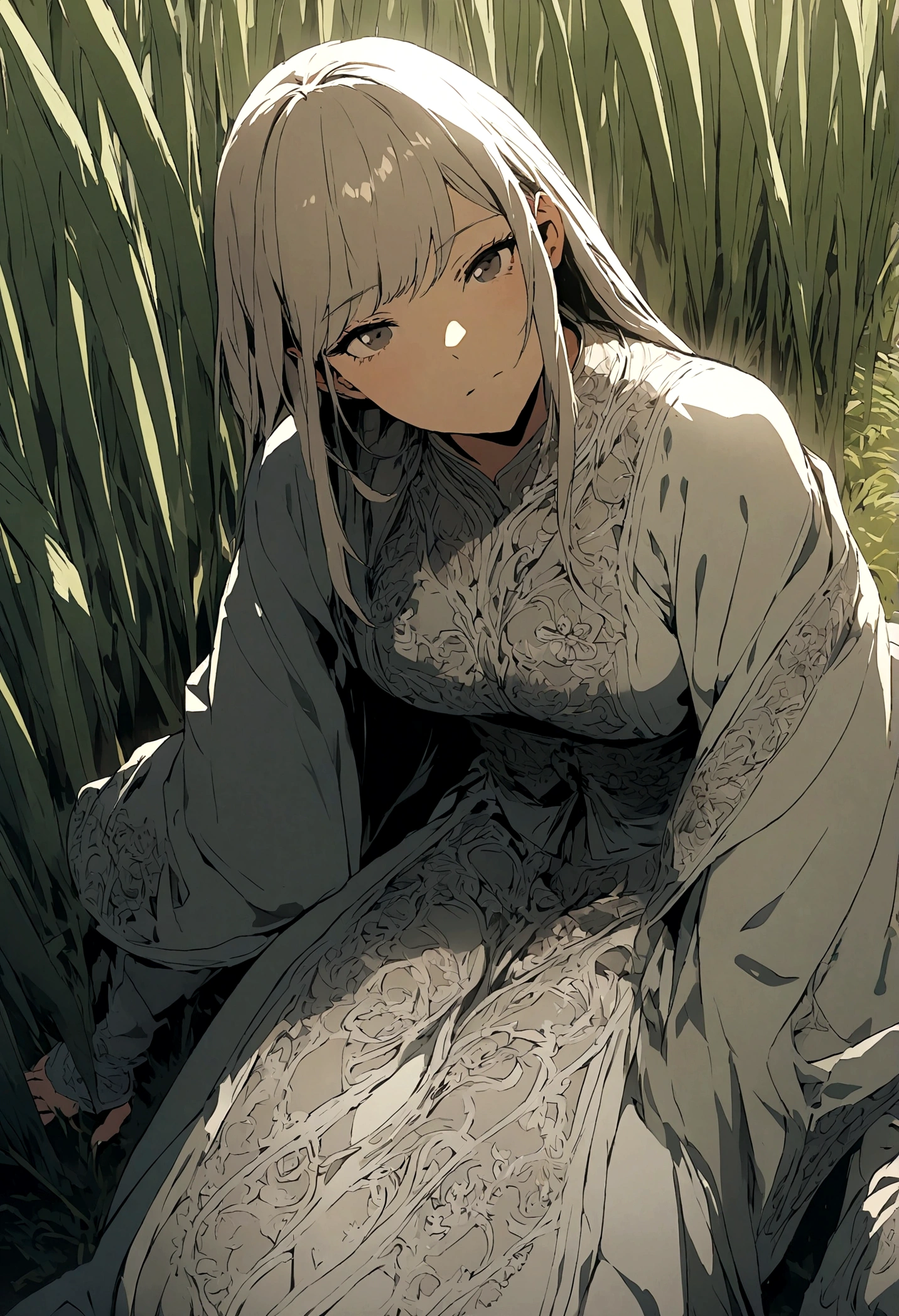 Illustration of a rich woman sitting and looking at a rice field, wide angle, straight face.