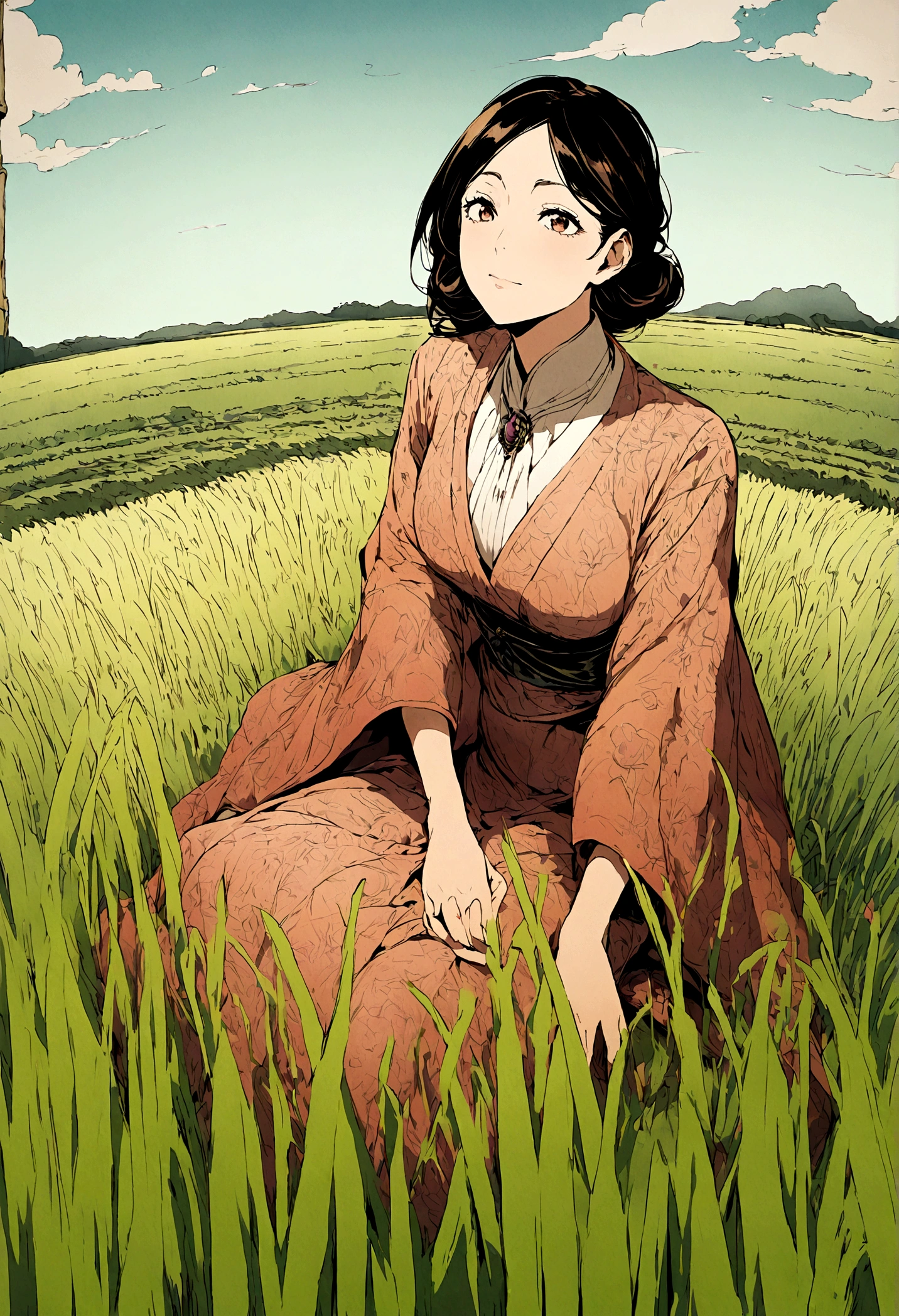 Illustration of a rich woman sitting and looking at a rice field, wide angle, straight face.