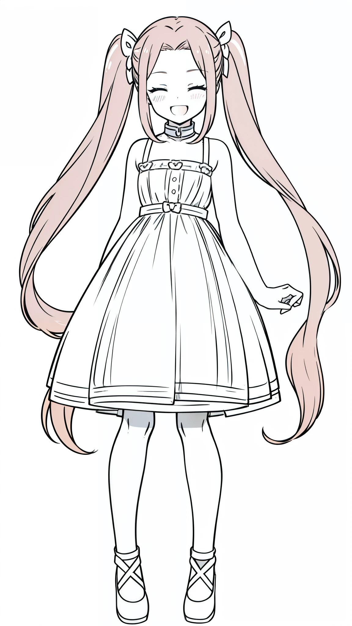 (1girl,12 years old),caramel hair,long hair,twintail,medusa hair,simple dress,sleeveless,blush,open mouth,closed eyes,(white background,line drawing),from front,smile,happy,open mouth,put your hands in front,full body