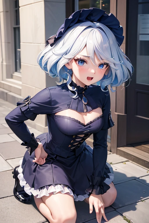 (highest quality,4K,High resolution,masterpiece:1.2),Very detailed,Beautiful details, Teenage body,Expressions of joy,Furina character, 16-year-old teenager,
 Happy expression,Walking around the city, Shiny Hair,brake,gothic lolita ,	kneeling, looking down, hands on floor