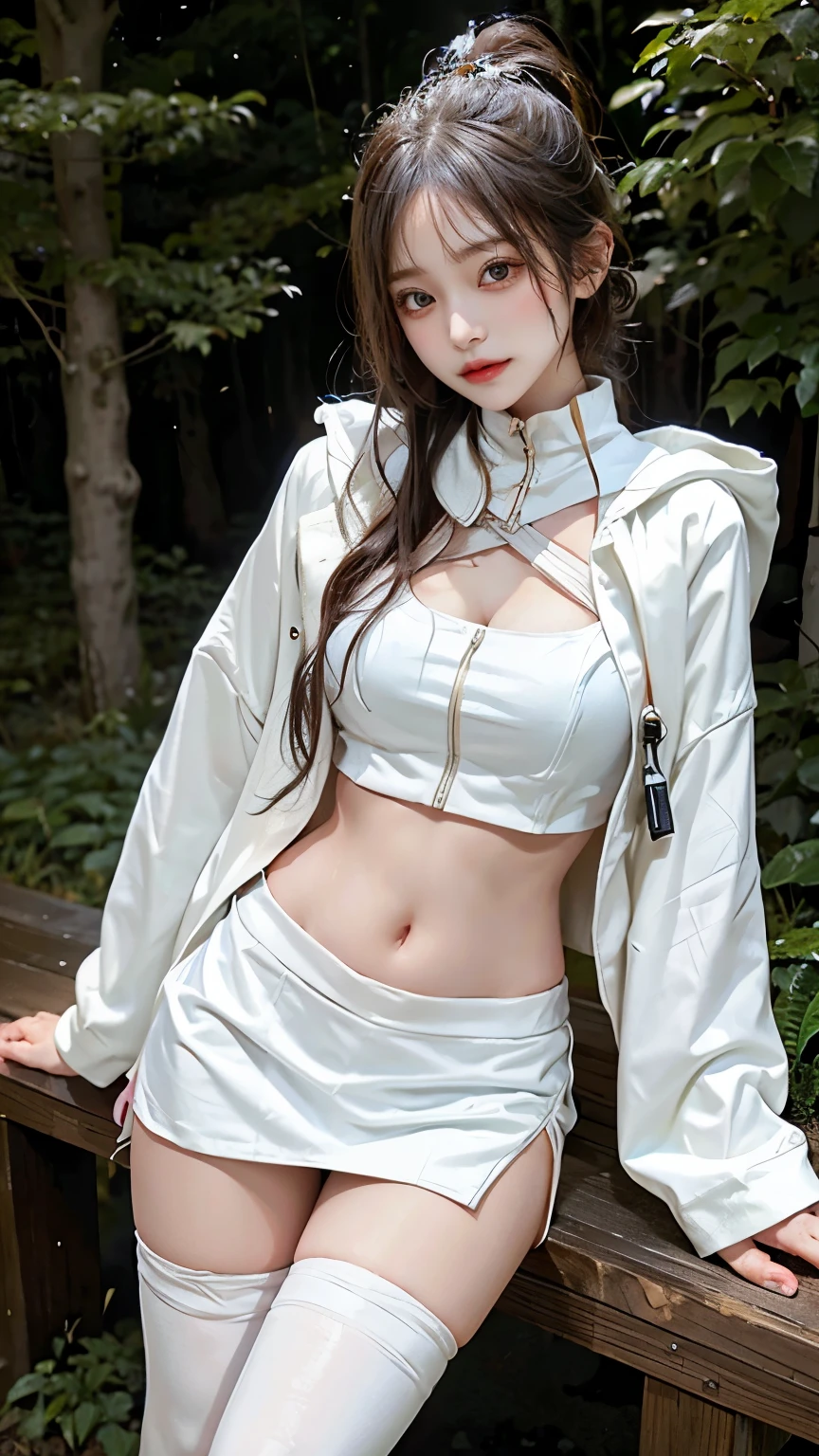 hoodie。From the knee up。Only the navel is exposed。White Hair。in the forest。mini skirt。Knee socks。Standing posture。