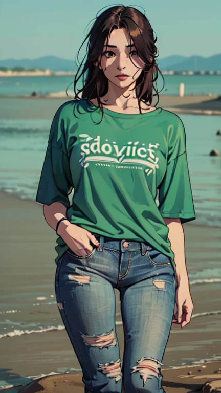 masterpiece, sinking in quicksand, memorable, feminine woman, t-shirt, flared jeans:1.2, dusk, fetishistic photo session:1.2, 
