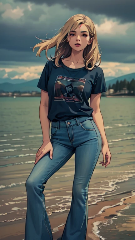masterpiece, sinking in quicksand, memorable, feminine woman, t-shirt, flared jeans:1.2, dusk, fetishistic photo session:1.2,