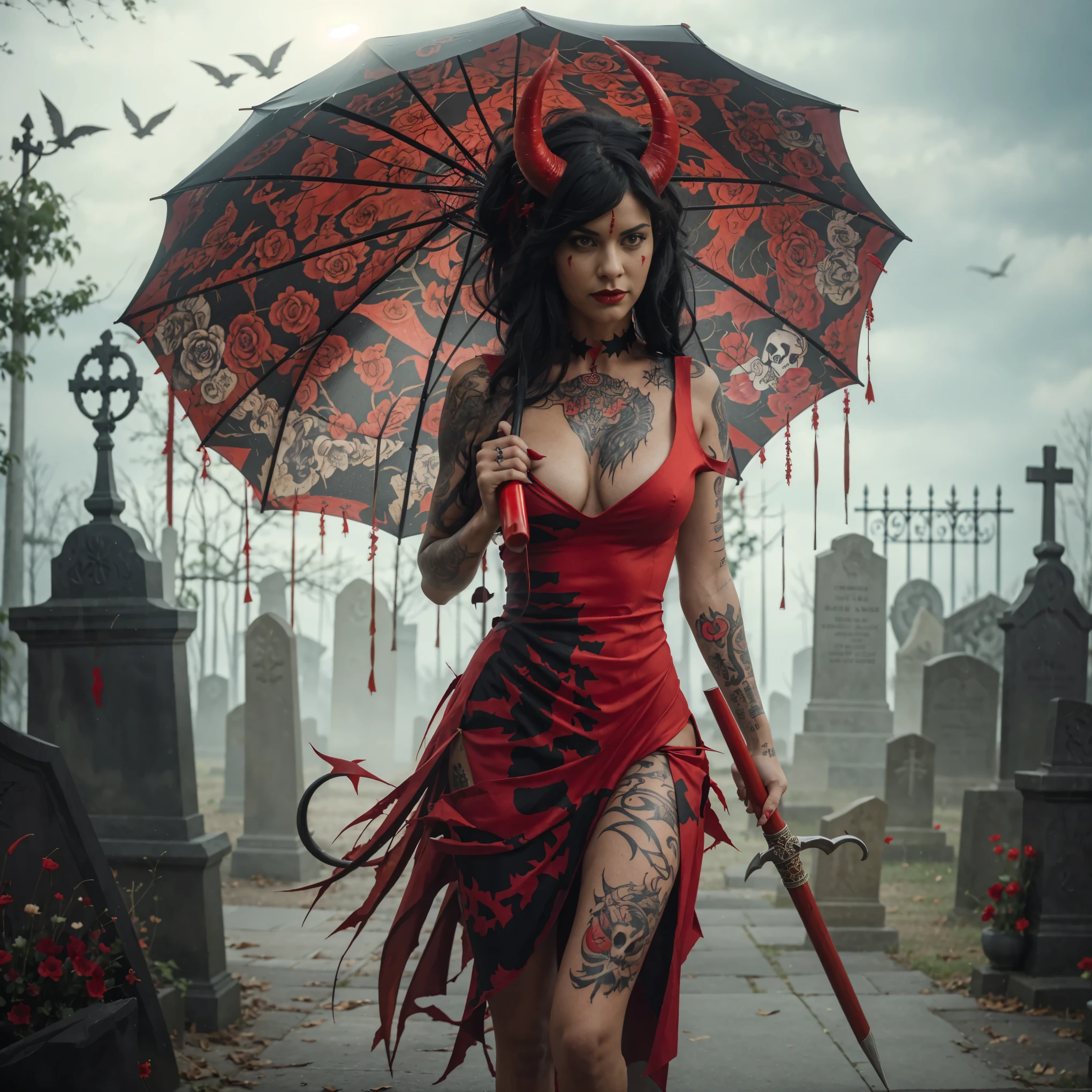 realistic photo, masterpiece. A female demon with red horns, black hair, has a red pointed tail. She wears a sexy red ripped dress, she has tattoos on her body. The woman is using a red and black umbrella with skull designs and carries a sword in the other hand. The background scene is a cemetery with a light that gives a supernatural atmosphere.
