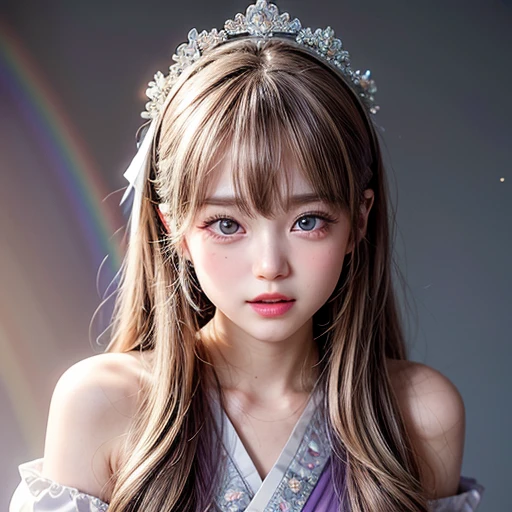 NSFW, 8k, High-level, absurd, masterpiece, best quality, primitive, very detailed CG, very detailed wallpaper, perfect lighting, Extremely detailed (((The personification of "peace"))), MysticSight, Tyndall effect, Tyndall scattering, (Studio gray background with (many Dazzling RainbowColor particles BokeH)), (RoundlyButts, ThighGap), (Exposed:0.4), (Assfocus with looking ahead), BREAK (((NOGIZAKA face variations))) Extremely Detailed very KAWAII face variations, perfect anatomy, Childish, captivating gaze, elaborate detailed Eyes with (sparkling highlights:1.28), long eyelashes、Glossy RED Lips with beautiful details, Coquettish tongue, Rosy cheeks, Radiant PearlSkin with clear transparency . { (Dynamic LifeLike expressions:1.4) | :d) }, (large eyes:-1) .