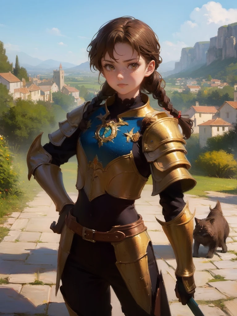 masterpiece, best quality, rpg character art, epic fantasy art style, 1 girl, Lily, 11 year old girl, ???, determined and serious demeaner, dynamic pose, ready for battle, full body fantasy concept art, caramel brown hair in 2 long braids, brown eyes, freckles, high detail, fantasy medieval style light armor (modest but feminine), intricate details, ultra high resolution, sharp focus, HD, 8k, clear facial features, clear details, background is a detailed small medieval village, zoomed out view, looking at the viewer