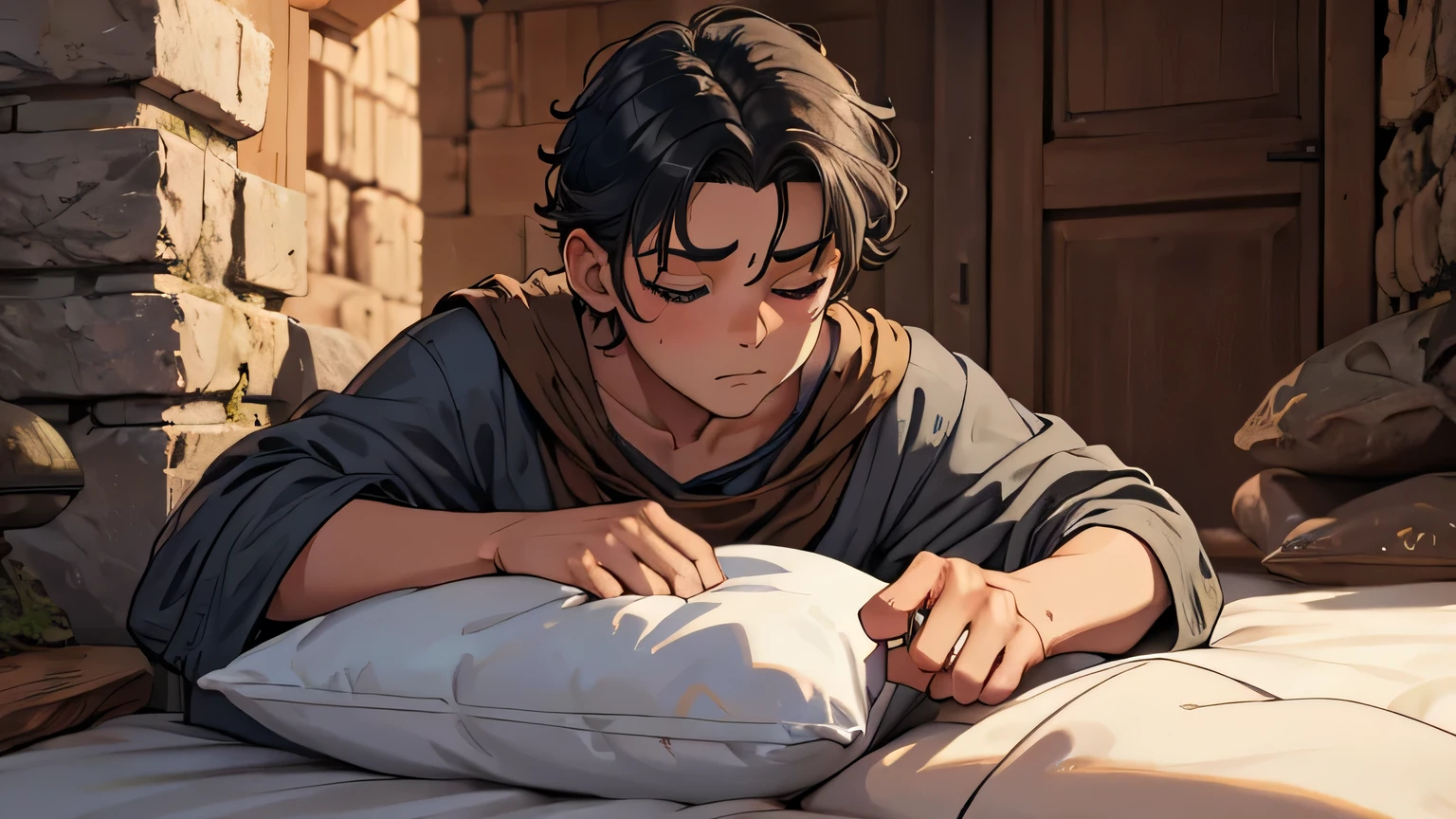 8 year old boy, blue eyes, eyes closed, dark gray hair, dressed in poor old brown clothes, from the 1st century passed out on an ancient bed in a Greek stone house from the 1st century AD, dark