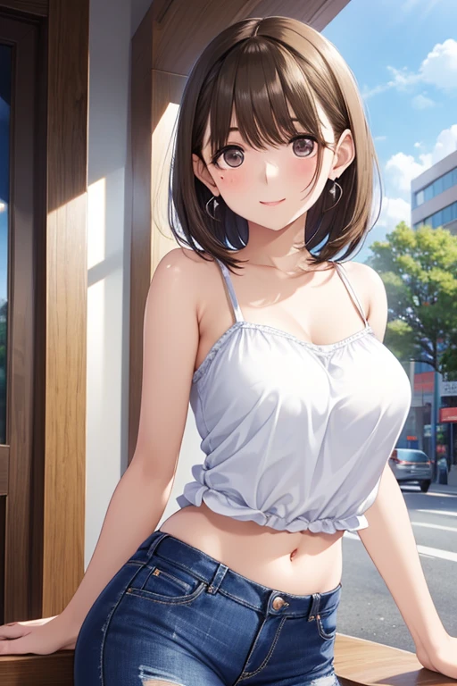 (masterpiece, Premium Quality: 1.2), alone, strong,
 One girl: Nene Anegasaki、Shiny brown hair, short hair, Beautiful brown eyes、smile、Sparkling eyes, (Fine grain)、Ultra-detailed eyes、Highly detailed face, Highly detailed eyes,
 

camisole、beauty、tight skinny jeans、Beautiful body lines、28 years old、short hair、hand２Book、Wall thickness、Glamour、Earrings、Belly button piercing、office Street、blue sky
