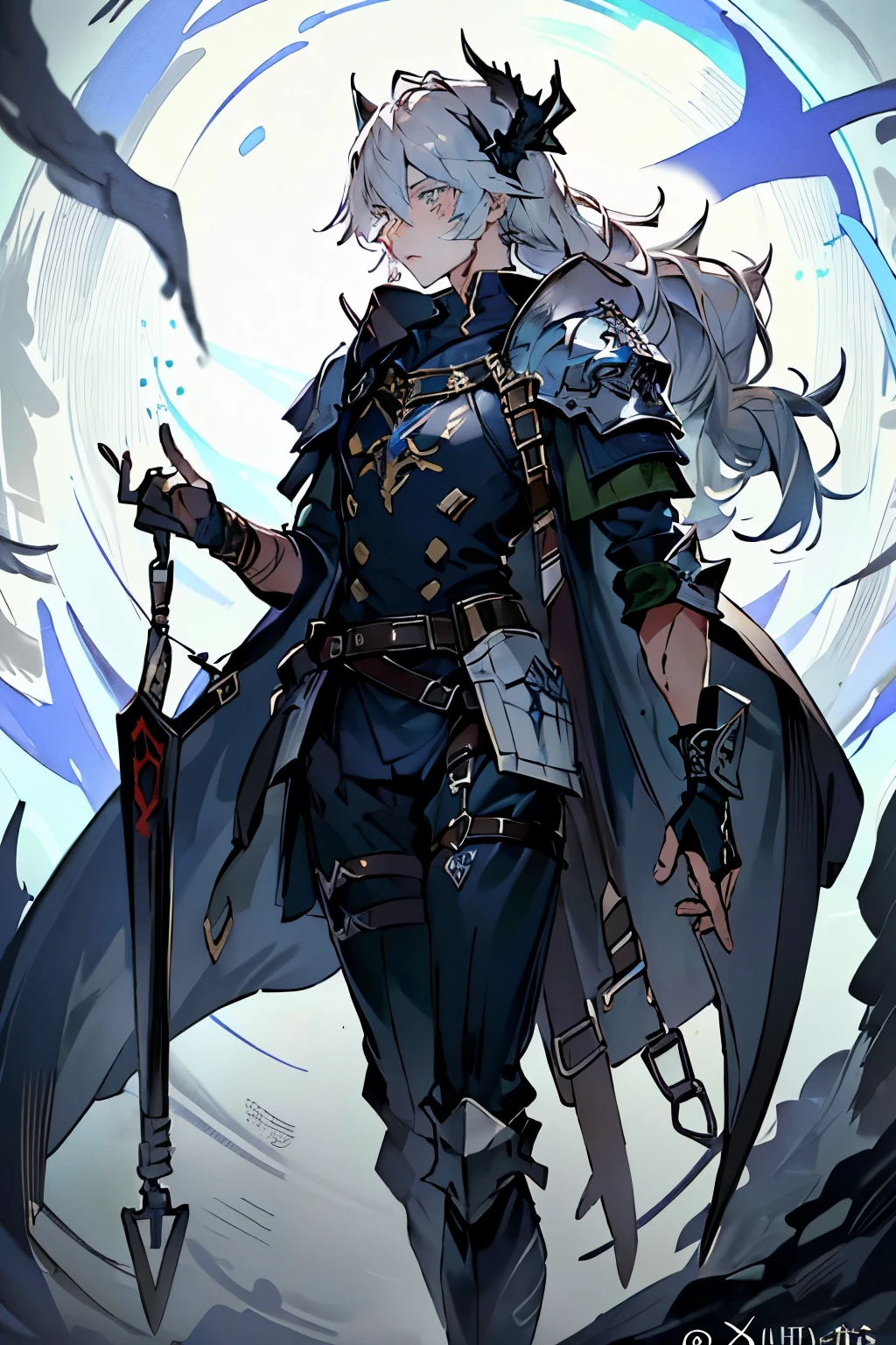 an anime man 1.80 tall (long silver hair) with (green eyes) with (a scar on his forehead in x) and (several runes on his body with a blue color but the most striking is one that resembles a dragon in its back) (a black tail

clothes (he wears a torn cloak and a chest piece together and shoulder pads made of old plates with a symbol of two dragons)

your weapon (it's a bow made of black steel with blue runes that attach to a blue stone in the middle of the bow)