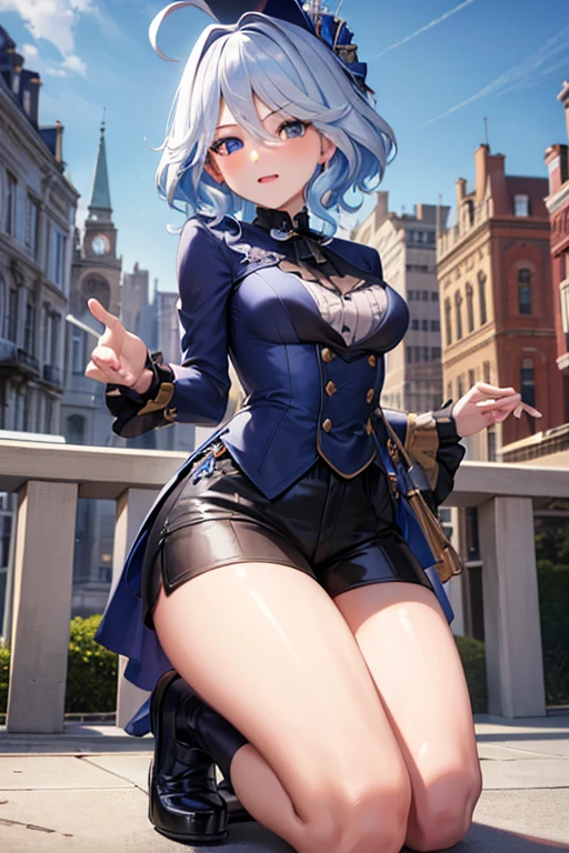 (highest quality,4K,High resolution,masterpiece:1.2),Very detailed,Beautiful details, Teenage body,Expressions of joy,Furina character, 16-year-old teenager,
Happy expression,Walking around the city, Shiny Hair,brake,gothic lolita , kneeling,shorts, double piece