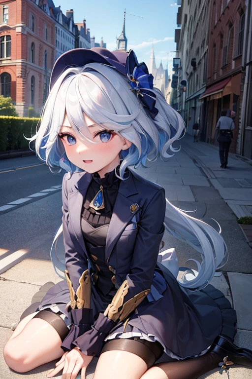 (highest quality,4K,High resolution,masterpiece:1.2),Very detailed,Beautiful details, Teenage body,Expressions of joy,Furina character, 16-year-old teenager,
Happy expression,Walking around the city, Shiny Hair,brake,gothic lolita , kneeling,shorts, double piece